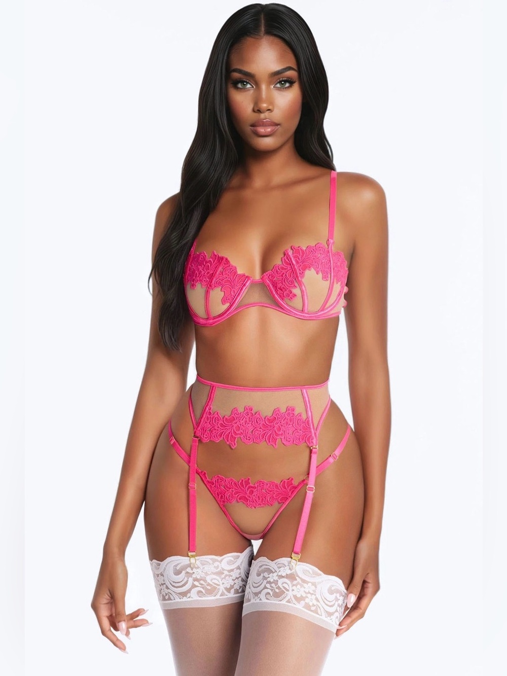 Fashion Nova Hot Pink Lace Underwire Bra & Garter Set